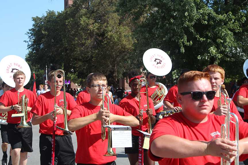 The band marches in Labor Day parade.