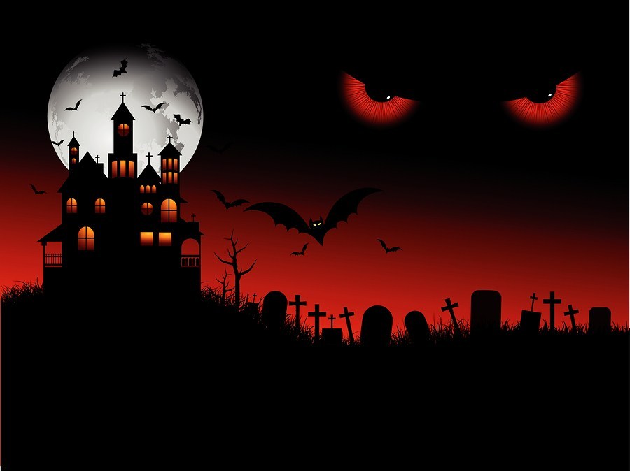 Background+of+a+spooky+Halloween+house+with+evil+eyes+in+the+sky